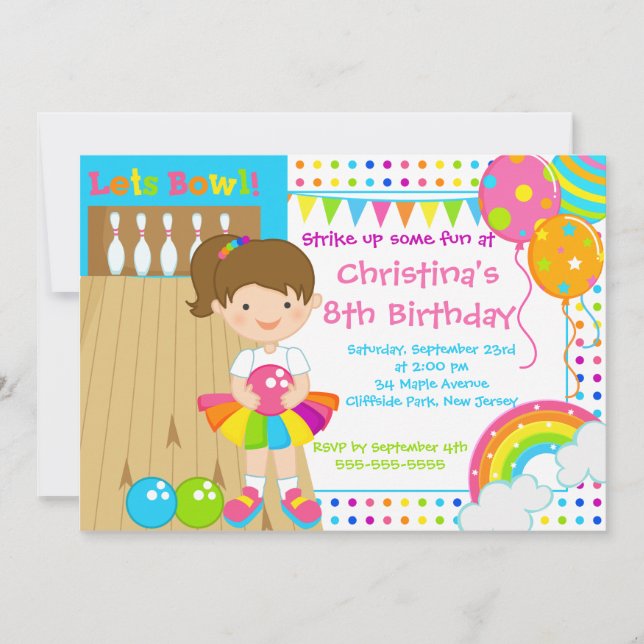 Brunette Girl Bowling Birthday Party Invitations (Front)