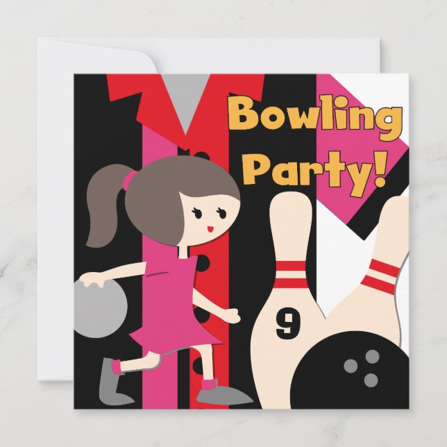 Brunette Girl Bowling Party Invitations (Front)