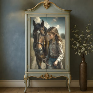 Brunette Girl Brown Horse Rustic Country Decoupage Tissue Paper