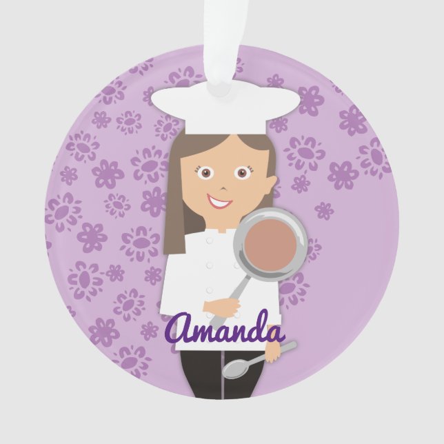 Brunette girl chef hat frying pan personalised ornament (Front)