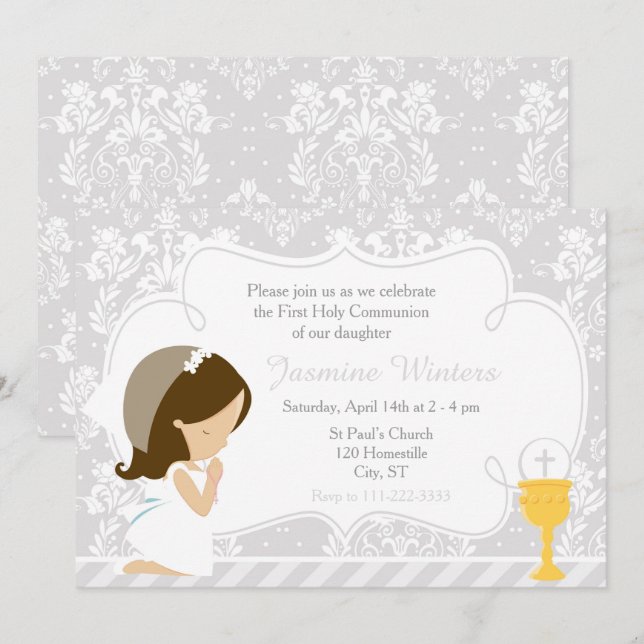 Brunette Girl First Communion Damask Invitation (Front/Back)