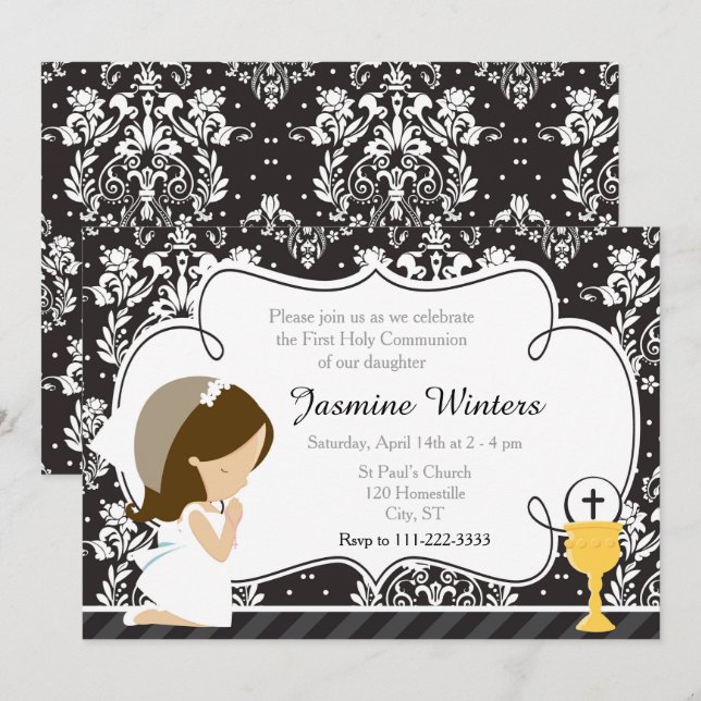 Brunette Girl First Communion Damask Invitation (Front/Back)