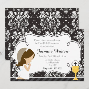 Brunette Girl First Communion Damask Invitation
