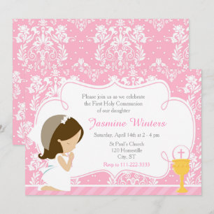 Brunette Girl First Communion Damask Invitation