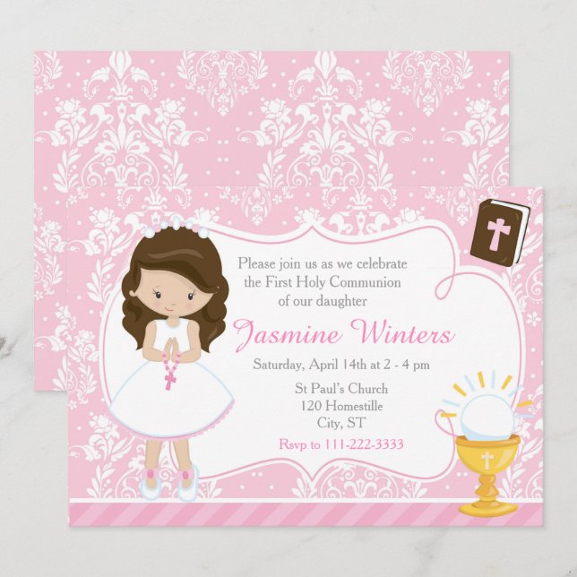 Brunette Girl First Communion Damask Invitation (Front/Back)