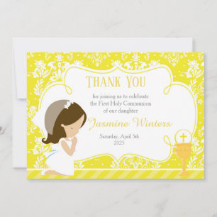 Brunette Girl First Communion Damask Thank You Card