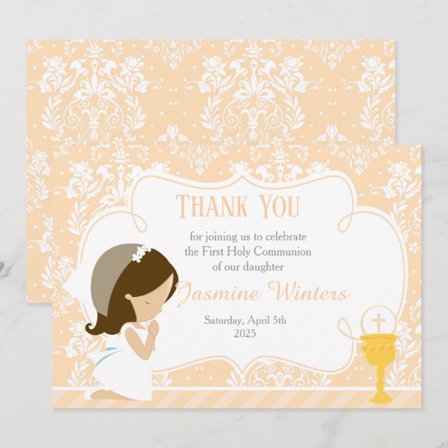 Brunette Girl First Communion Damask Thank You Card (Front/Back)