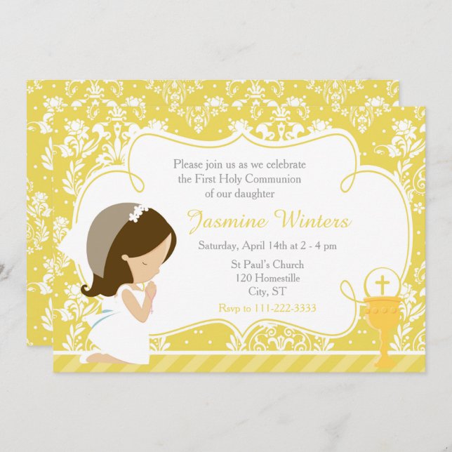 Brunette Girl First Communion Gold Damask Invitation (Front/Back)