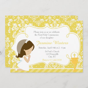 Brunette Girl First Communion Gold Damask Invitation