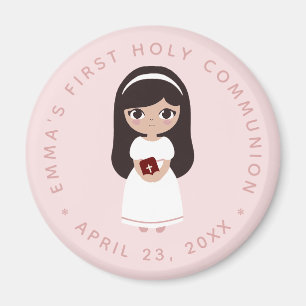 Brunette Girl First Communion Pink Cute Catholic Magnet