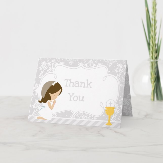 Brunette Girl First Communion  'Thank You' Thank You Card (Front)