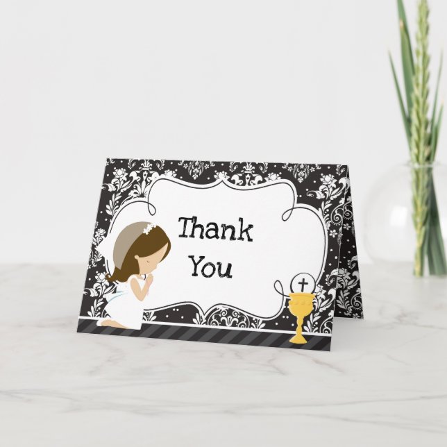 Brunette Girl First Communion  'Thank You' Thank You Card (Front)