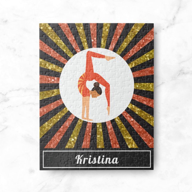 Brunette Girl Gymnast Gymnastics Gold Orange Name Jigsaw Puzzle (Creator Uploaded)