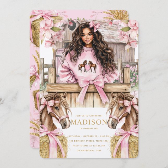 Brunette Girl Horse Birthday Invitation (Front/Back)