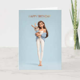 Brunette Girl in Blue Cardigan w/ White Bunny BDay Card