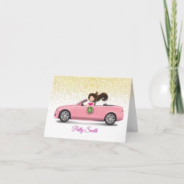 Brunette Girl In Car With Faux Glitter Thank You Card (Front)