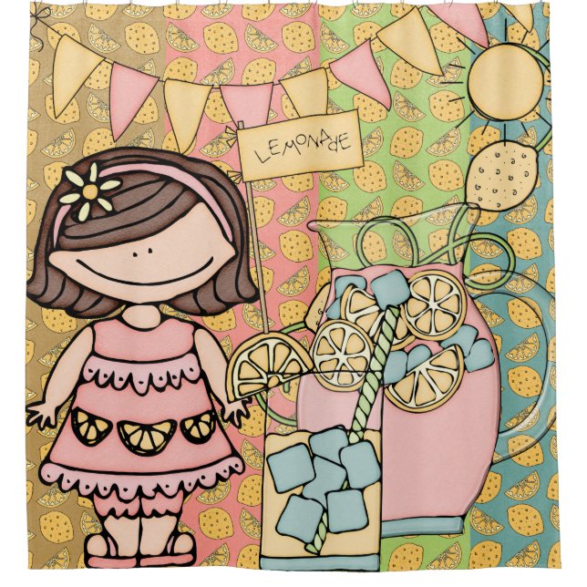 Brunette Girl Lemonade Stand Shower Curtain (Front)