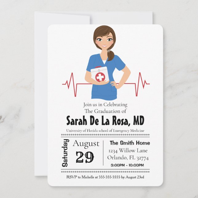 Brunette Girl Medical School Graduation Invite (Front)