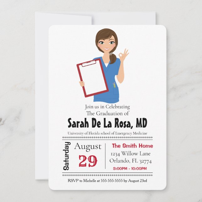 Brunette Girl Medical School Graduation Invite (Front)