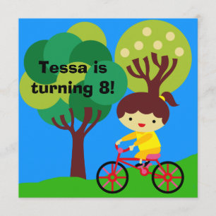 Brunette Girl on Bicycle Birthday Invitation