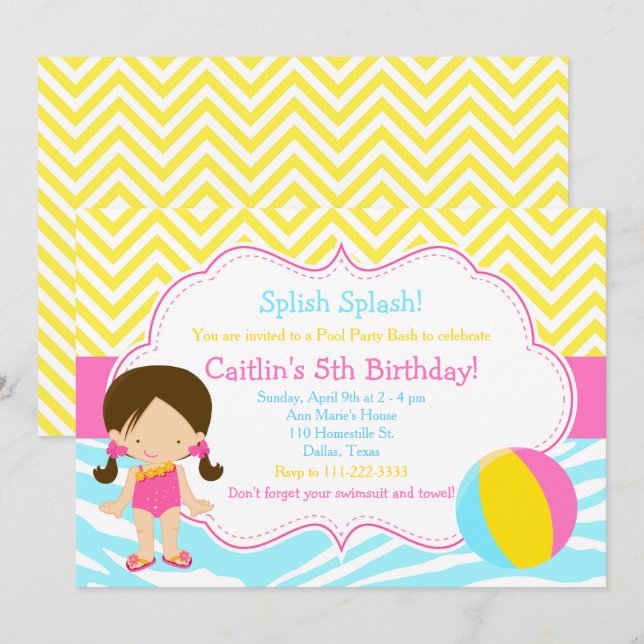 Brunette Girl Pool Party Bash Party Invitation (Front/Back)