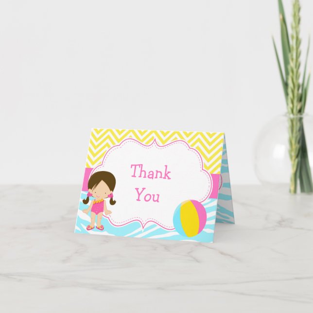 Brunette Girl Pool Party Bash Party Thank You Card (Front)
