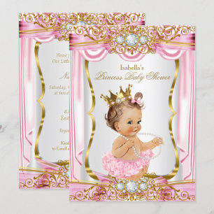 Brunette Girl Princess Baby Shower Pink Silk Gold Invitation