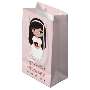 Brunette Girl Religious First Holy Communion Pink Small Gift Bag