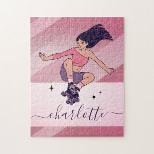 Brunette Girl Rollerblading Skating Skater Name Jigsaw Puzzle