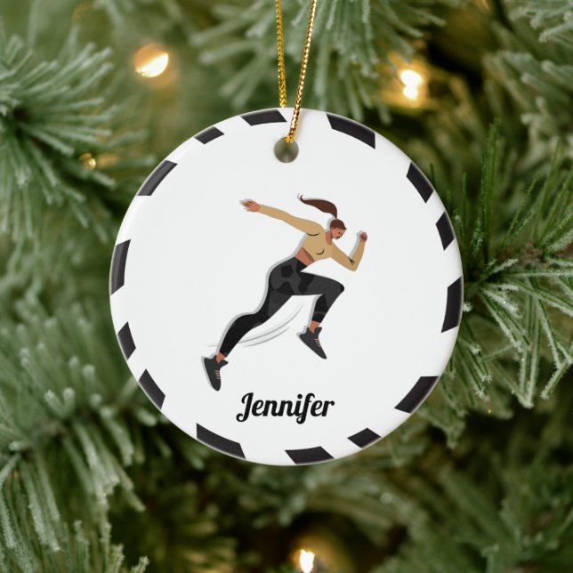 Brunette Girl Runner Cross Country & Kid's Name Ceramic Tree Decoration (Tree)