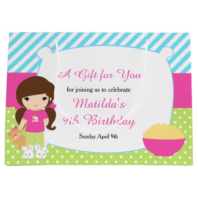 Brunette Girl Sleepover Slumber Party Birthday Large Gift Bag (Front)