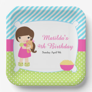 Brunette Girl Sleepover Slumber Party Paper Plate