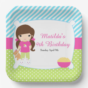 Brunette Girl Sleepover Slumber Party Paper Plate