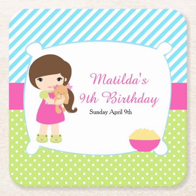 Brunette Girl Sleepover Slumber Party Square Paper Coaster (Front)