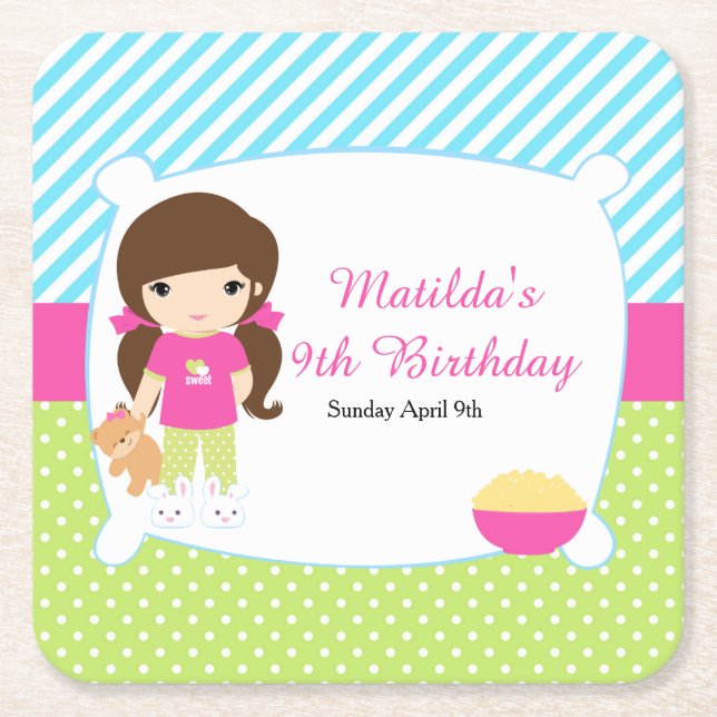 Brunette Girl Sleepover Slumber Party Square Paper Coaster (Front)