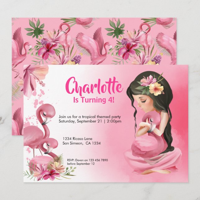 Brunette Girl Tropical Pink Flamingo Birthday Invitation (Front/Back)