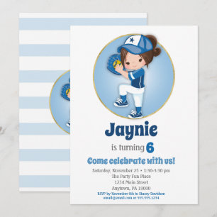 Brunette Girls Blue Softball Birthday Invitation