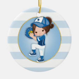 Brunette Girls Blue Softball Ceramic Tree Decoration