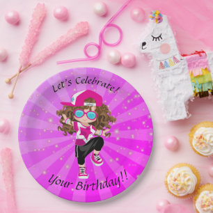 Brunette Girls Hip Hop Dance Happy Birthday Party Paper Plate