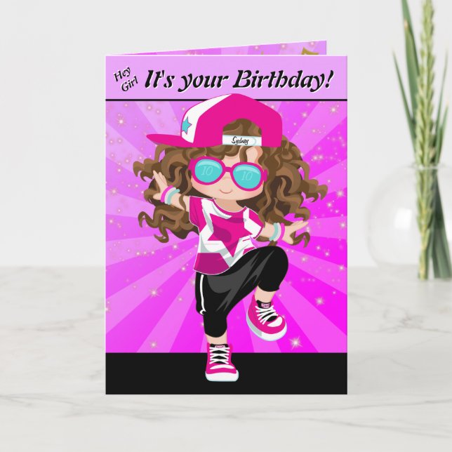 Brunette Girls Hip Hop Happy Birthday Card (Front)