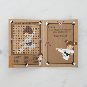 Brunette Girls Karate Word Search Happy Birthday Card