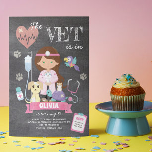 Brunette Green Eyes Chalkboard Vet Birthday Party Invitation