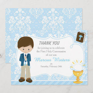 Brunette Hair Boy First Communion Damask Thank You Card