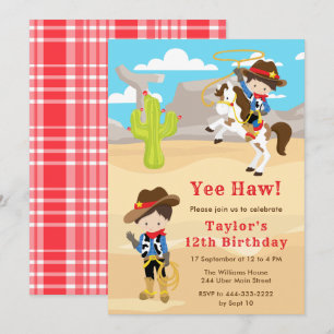 Brunette Hair Cowboy Birthday Party Invitation