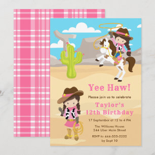 Brunette Hair Cowgirl Birthday Party Invitation