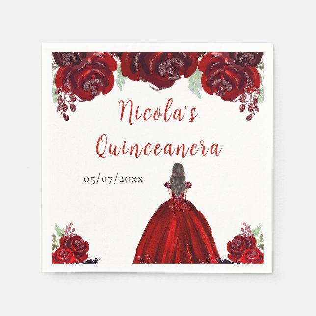 Brunette Hair Princess Red Floral Quinceanera Napkin (Front)