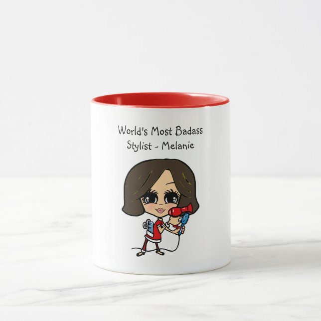 Brunette Hair Stylist Caricature MUG Personalised (Center)