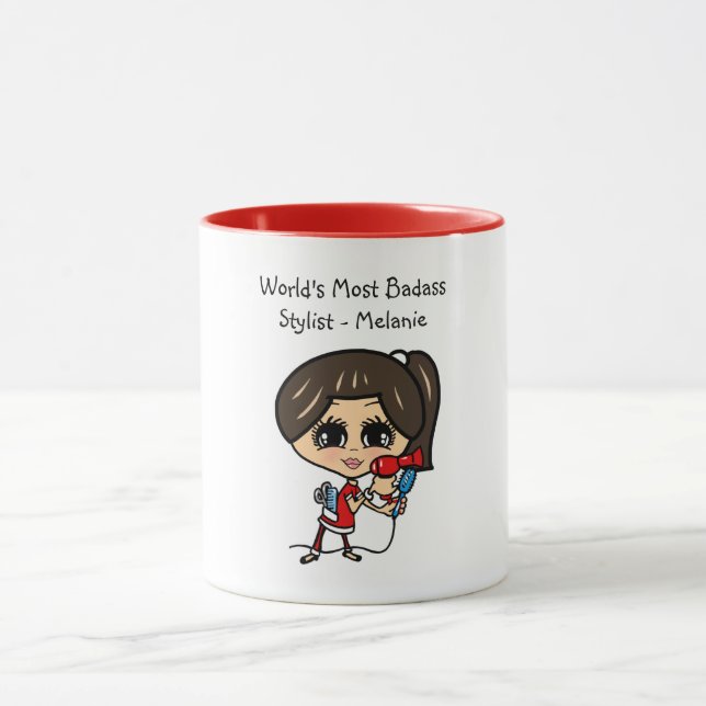Brunette Hair Stylist Caricature MUG Personalised (Center)