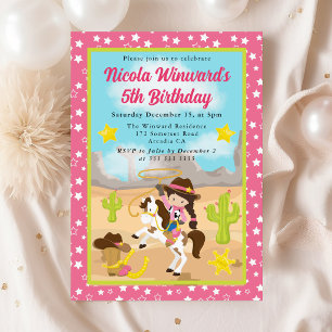 Brunette Haired Cowgirl Western Kids Birthday Invitation