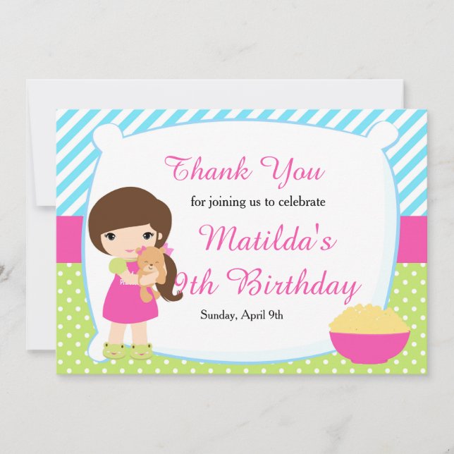 Brunette Haired Girl Sleepover Slumber Birthday Thank You Card (Front)